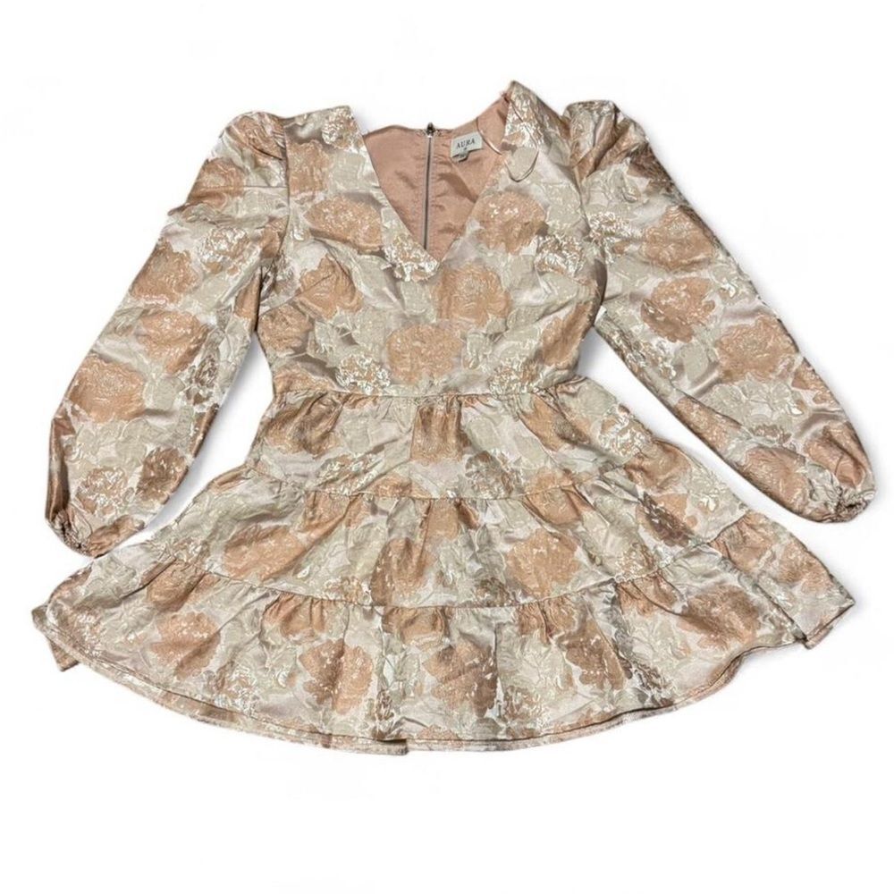 Aura Womens Medium Pink Champagne Floral Long Sleeve V-Neck Fit & Flare Dress